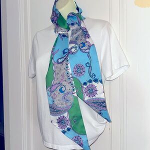 Vtg mid century modern purple, green, blue & white paisley long polyester scarf